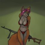  bikini breasts canine chest_tuft female fox green_eyes gun ipoke military pkm purple_hair skimpy solo underwear weapon 