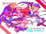  2girls ame_erika bad_id bad_pixiv_id banned_artist beret blazblue blonde_hair blue_footwear blush_stickers boots character_name closed_eyes colored_eyelashes eyelashes gift happy_birthday hat head_wings heart jin_kisaragi multiple_girls noel_vermillion red_hair thighhighs tsubaki_yayoi 