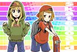  backpack bag baseball_cap blonde_hair blue_eyes brown_eyes brown_hair eyebrows hat hood hoodie k-on! kotobuki_tsumugi long_hair multiple_girls short_hair skateboard tainaka_ritsu tom_(drpow) 