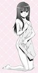  barefoot chiba_saori covering covering_breasts face full_body hair_down hands hourou_musuko kneeling long_hair momonosuke monochrome nude nude_cover simple_background solo towel 