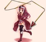  armpits arms_up black_legwear boots brooch detached_sleeves jewelry long_hair magical_girl mahou_shoujo_madoka_magica panties red_eyes red_hair sakura_kyouko scharfschutze skirt solo thighhighs underwear white_panties 