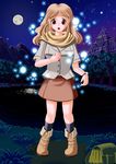  1girl bag bird boots brown_hair buttons edmol full_moon grass lake moon mountain nature night night_sky original red_eyes scarf skirt sky socks solo star_(sky) swan transformation tree watch 