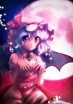  bat_wings bloom blue_hair dress full_moon hat highres ikamagu jewelry light_particles light_smile looking_at_viewer moon necklace pink_dress red_eyes remilia_scarlet solo touhou wings 