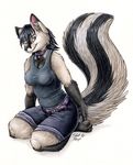  belt black black_hair blue_eyes breasts canine claws clothing collar cute female fox hair hybrid kneeling looking_at_viewer reverse_skunk seraph_(character) short_black_hair short_hair shorts silentravyn skunk solo tail tank_top white 