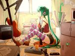  amplifier belt book curtains elbow_gloves glass gloves green_eyes green_hair guitar hatsune_miku headphones instrument long_hair n_i_n_o paper shoes shorts sitting solo strap_slip striped striped_legwear thighhighs twintails very_long_hair videocasette vocaloid window 