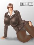  arm_support breasts brown_eyes brown_hair business_suit casual curvy female gradient gradient_background hips huge_breasts infinity legwear mature miniskirt office_lady panties pantyhose short_hair skirt solo stockings striped stripes thighhighs underwear wide_hips 