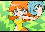  blue_eyes earrings flipped_hair fukumitsu_(kirarirorustar) green_background grin jewelry mario_(series) nail_polish orange_hair panty_&amp;_stocking_with_garterbelt parody princess_daisy smile solo style_parody super_mario_bros. volleyball 