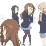  akiyama_mio alternate_hairstyle bad_id bad_pixiv_id black_hair blonde_hair brown_hair closed_eyes core_(mayomayo) directional_arrow glasses hirasawa_yui k-on! knees_together_feet_apart knees_touching kotobuki_tsumugi long_hair multiple_girls pantyhose school_uniform shoes translated uwabaki yamanaka_sawako 