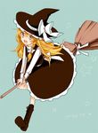  :d bad_id bad_pixiv_id blonde_hair boots bow braid broom broom_riding cross-laced_footwear dress grey_eyes hair_bow hat hat_ribbon kirisame_marisa lace-up_boots long_hair open_mouth ribbon rin_(royal) single_braid smile solo star touhou witch_hat 