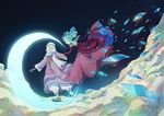  1girl 2st above_clouds arabian_clothes breasts charlotte_(pop'n_music) couple crescent_moon crystal dark_skin dress flower flying green_hair hair_flower hair_ornament hand_wraps hetero holding_hands juliet_sleeves long_sleeves looking_at_another midair minna_no_uta_(nhk) moon nanboku night night_sky one_eye_covered outstretched_arm outstretched_arms pants parody pop'n_music puffy_sleeves red_dress red_footwear robe shards shoes skirt_hold sky small_breasts tsuki_no_waltz turban veil walking white_pants 