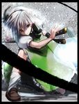  bad_id bad_pixiv_id black_hairband blood blue_eyes border chirigami-san cuts fighting_stance hairband highres injury katana konpaku_youmu one_knee short_hair short_sleeves silver_hair solo sword touhou weapon white_hair 