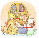  alice_margatroid child closed_eyes eijima_moko giraffe hairband happy hug lowres smile solo stuffed_animal stuffed_bunny stuffed_toy teddy_bear touhou window 