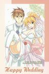  banpresto blonde_hair blue_eyes breasts bride carrying choker cleavage dress excellen_browning flower gloves groom hairband high_heels highres kyosuke_nanbu legwear lune_zoldark stockings super_robot_wars thighhighs v wedding wedding_dress wink 