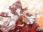  ascot black_hair bow brown_eyes cherry_blossoms detached_sleeves from_above hair_bow hakurei_reimu hands long_hair looking_up navel ofuda open_mouth outstretched_arm outstretched_hand petals satomi smile solo touhou 