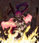 armor breasts cape chikuwa_(tks) cleavage fire large_breasts long_hair oda_nobunaga_(sengoku_otome) ponytail red_eyes red_hair sengoku_otome solo sword very_long_hair weapon 