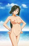  1girl aa_megami-sama beach black_hair blush breasts brown_eyes facial_mark forehead_mark goddess highres nude peorth photoshop pregnant pussy smile solo uncensored water zero_profile 
