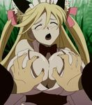  animated animated_gif blonde_hair breasts fang flesh_backbone groping huge_breasts shikabane_hime short_twintails solo_focus twintails 