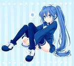  blue_eyes blue_hair blue_legwear imaichi_moenai_ko kobe_shinbun long_hair school_uniform sitting solo squiggle thighhighs twintails yui_(spica) 