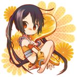  arancia barefoot black_hair chibi food fruit holding holding_food holding_fruit long_hair midriff nigo orange orange_eyes orange_skirt orange_slice original skirt solo twintails 