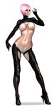  abs armor bodysuit breasts chaps cleavage high_heels large_breasts makeup midriff navel pink_hair shiny shoes short_hair simple_background skin_tight solo white_eyes 