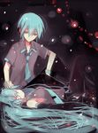  1girl aqua_eyes aqua_hair bad_id bad_pixiv_id closed_eyes detached_sleeves genderswap genderswap_(ftm) hatsune_miku hatsune_mikuo headphones long_hair lying necktie pima_mashiro sitting skirt thighhighs twintails very_long_hair vocaloid wristband 