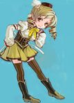  ama-tou blonde_hair boots brown_legwear drill_hair faux_traditional_media hand_on_hip hat highres leaning_forward magical_girl mahou_shoujo_madoka_magica smile solo striped striped_legwear thighhighs tomoe_mami twin_drills twintails vertical-striped_legwear vertical_stripes yellow_eyes 