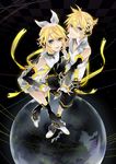  1girl arm_warmers bad_id bad_pixiv_id blonde_hair brother_and_sister detached_sleeves hair_ornament hair_ribbon hairclip headphones highres kagamine_len kagamine_len_(append) kagamine_rin kagamine_rin_(append) kyou_zip leg_warmers navel ribbon short_hair shorts siblings smile twins vocaloid vocaloid_append 