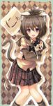  animal_ears blue_eyes blush brown_hair cat cat_ears cat_tail checkered checkered_background dreamlight2000 heart high_ponytail highres hug open_mouth original ponytail purple_eyes school_uniform short_hair skirt smile solo tail 