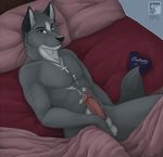  &dagger; balls bed canine coyote cum cum_on_stomach dog erection green_eyes half_covered hushhusky looking_at_viewer male masturbation muscles nude on_back penis pillow pose solo thundergrey wolf 