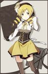  bad_id bad_pixiv_id beret blonde_hair detached_sleeves drill_hair fingerless_gloves gloves hair_ornament hat hekino_(aoruri) magical_girl mahou_shoujo_madoka_magica pleated_skirt skirt smile solo striped striped_legwear thighhighs tomoe_mami vertical-striped_legwear vertical_stripes yellow_eyes zettai_ryouiki 