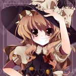  bad_id bad_pixiv_id blonde_hair braid brown_eyes colorized gotou_nao grin hand_on_headwear hand_on_hip hat highres kirisame_marisa rairateru smile solo touhou upper_body witch_hat 