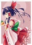  black_hair bow cherry_blossoms closed_eyes detached_sleeves flower food fruit hair_bow hair_flower hair_ornament hair_ribbon hakurei_reimu mikan_(bananoha) ribbon solo touhou 