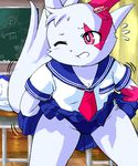  face_markings female g-sun markings one_eye_closed pink_eyes pok&eacute;mon pok&eacute;morph school school_uniform schoolgirl schoolgirl_uniform skirt_lift solo tail white zangoose 