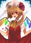  ascot bad_id bad_pixiv_id blonde_hair character_name curtsey doily flandre_scarlet hat heart naoko_(juvenile) red_eyes skirt skirt_hold solo touhou upper_body wings 