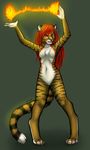  abstract_background ajna breasts chromatic_background digitigrade ear_piercing feline female fire green_eyes hair magic mammal nude piercing red_hair simple_background snarling solo standing 