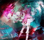  abstract abstract_background bent_over choker clenched_hands flat_chest frills gloves kaname_madoka magical_girl mahou_shoujo_madoka_magica muted_color nekoif open_mouth pink_eyes pink_hair red_choker ribbon_choker short_hair solo soul_gem standing tears white_legwear 
