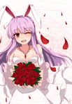  absurdres animal_ears bare_shoulders bouquet breasts bunny_ears cleavage dedeyong dress elbow_gloves flower gloves hair_ornament hairclip highres jewelry long_hair medium_breasts necktie one_eye_closed pendant petals purple_hair red_eyes red_flower red_rose reisen_udongein_inaba rose rose_petals solo touhou wedding_dress 