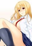  :3 between_breasts blonde_hair blush breasts brown_eyes kneehighs large_breasts long_hair minami-ke minami_haruka necktie open_clothes open_shirt school_uniform shirt skindentation skirt smile solo tachibana_omina thighs 