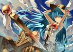  adapted_costume adjusting_clothes adjusting_hat bare_shoulders blue_hair boots cloud cross-laced_footwear dress food fruit hands_on_headwear hat hinanawi_tenshi kureha_(ironika) lace-up_boots long_hair peach red_eyes sitting sky sleeveless sleeveless_dress solo sun_hat sword sword_of_hisou tassel touhou weapon 