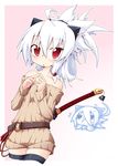  bare_shoulders black_legwear dress ear_piercing ghost horns katana original piercing red_eyes reku shiroko_(reku) silver_hair solo sweater sweater_dress sword thighhighs weapon 