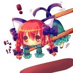  1girl animal_ears bow braid cat_ears cat_tail chibi chocolat_(momoiro_piano) chopsticks extra_ears hair_bow kaenbyou_rin lift minigirl multiple_tails red_eyes red_hair solo tail touhou twin_braids twintails 