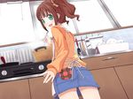  apron bad_id bad_pixiv_id bowl chika_(orange_pop) cooking fan frying_pan glass grater idolmaster idolmaster_(classic) looking_back open_mouth patch plate skirt smile solo spatula stove takatsuki_yayoi window 