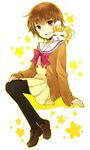 :d ^_^ alternate_costume bad_id bad_pixiv_id black_legwear blush bow brown_eyes brown_hair cardigan closed_eyes creature dress full_body hand_on_lap happy heartcatch_precure! ichika_(rainyrainy) light_smile loafers myoudou_gakuen_middle_school_uniform myoudouin_itsuki open_mouth pantyhose potpourri_(heartcatch_precure!) precure ribbon school_uniform shoes short_hair simple_background sitting smile solo very_short_hair 