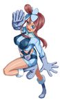  blue_eyes blue_footwear boots breasts classictime full_body fuuro_(pokemon) gloves hair_ornament highres large_breasts midriff open_mouth pokemon pokemon_(game) pokemon_bw red_hair simple_background solo white_background 
