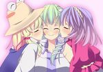  akutsu blonde_hair blue_hair cheek_kiss detached_sleeves double_cheek_kiss frog girl_sandwich green_hair hair_ornament hat kiss kochiya_sanae long_hair moriya_suwako multiple_girls sandwiched short_hair touhou yasaka_kanako yuri 