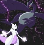  battle esepibe esepibe_(artist) lightning looking_down looking_up lugia mewtwo night no_humans pokemon shadow_lugia shadow_pokemon xd001 