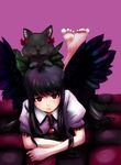  absurdres animal animal_on_head barefoot black_hair bow cat cat_on_head feet hair_bow highres kaenbyou_rin kaenbyou_rin_(cat) looking_at_viewer lying maruto-b on_head on_stomach red_eyes reiuji_utsuho solo touhou wings 