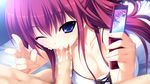  blue_eyes censored cleavage cum fellatio fumio game_cg grisaia_no_kajitsu penis phone suou_amane 