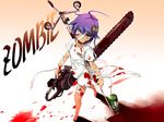  ahoge bandages barefoot biohazard_symbol blood chainsaw chima_q collar eyepatch green_eyes hair_ornament highres intravenous_drip monster_girl night_of_the_living_dead original purple_hair ringed_eyes short_hair solo zombie 