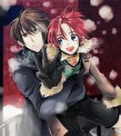  :d ahoge bad_id bad_pixiv_id blue_eyes boots brown_eyes brown_hair coat frown gloves hair_ornament hairpin happy hug jude_maverick kresnik_ahtreide male_focus merii messy_hair multiple_boys necktie open_mouth red_background red_hair shirt shorts smile snow sweat wild_arms wild_arms_4 
